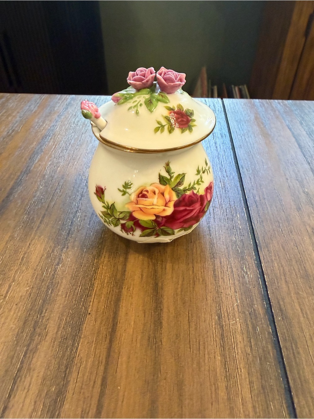 Royal Albert Old Country Roses Jam Jar with Pink and Yellow Rose Accents
